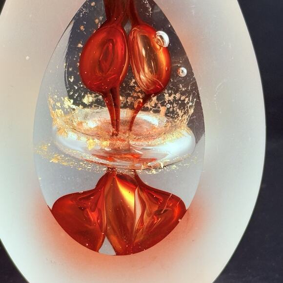 Vtg Glass Egg Paperweight Murano style Red Flame Gold Flecks Frosted Peek Art - Picture 2 of 6